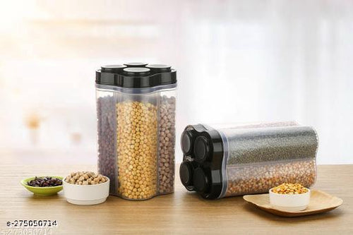 Airtight Transparent Plastic Lock Food Storage 4 Section Container Jar for Grocery, Fridge Container & Containers, Kitchen Storage Box & Container Set (Pack Of 2) (Blaack)